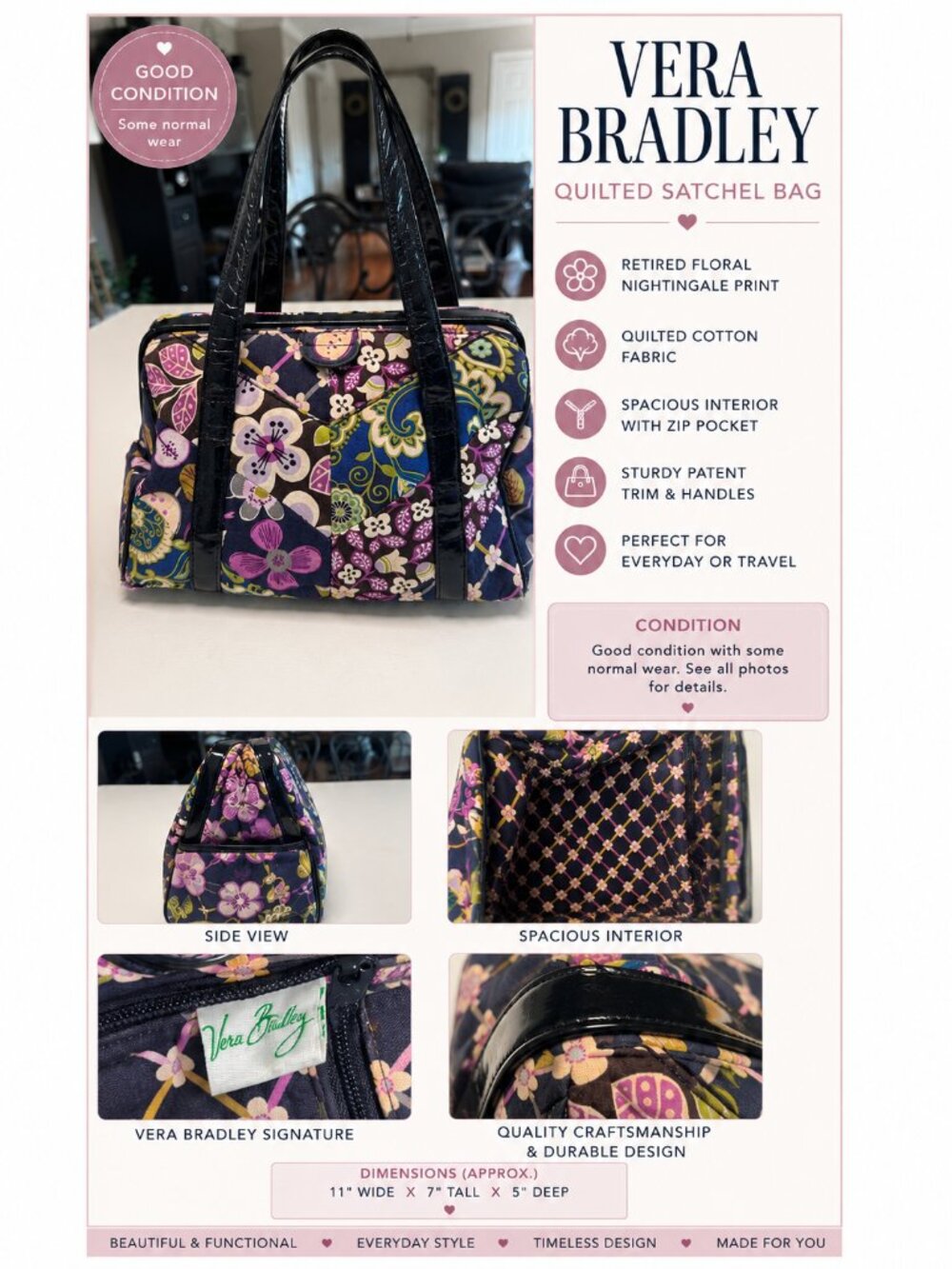 Vera Bradley Retired Floral Nightingale Quilted Satchel Bag